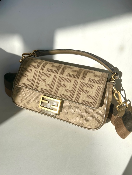 Fendi Handbags - Fendi Baguette Zucca Monogram Canvas Bag M Beige Gold